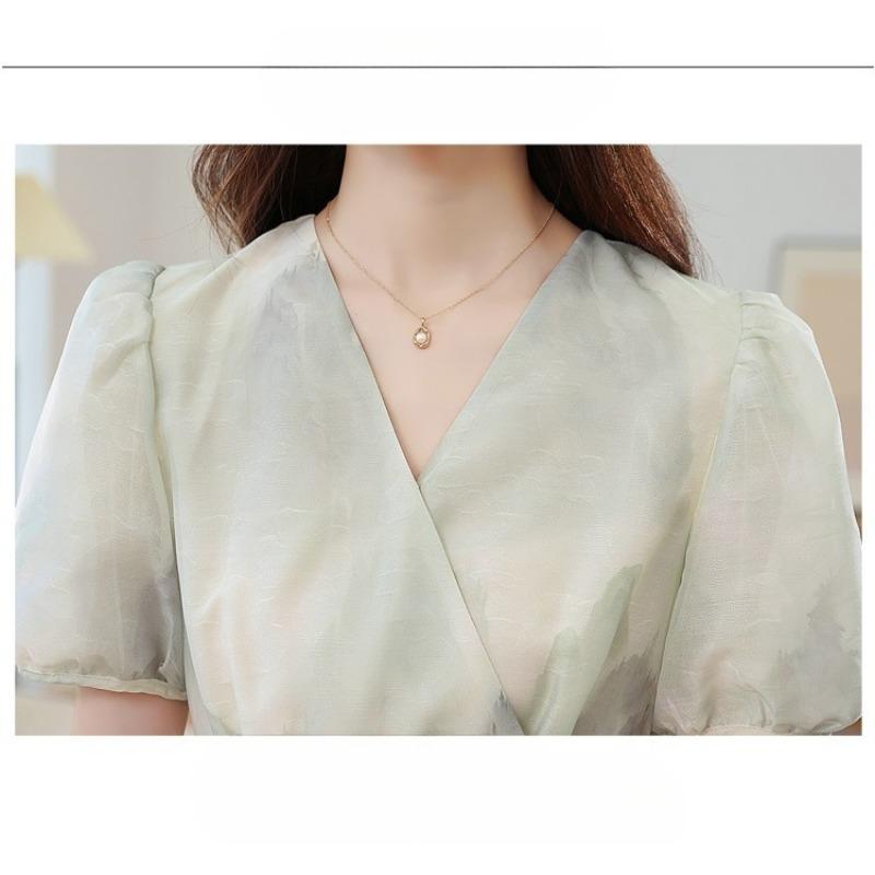 Fashion High Waist Summer Dress Floral Print Chinese Style Midi Short Sleeve