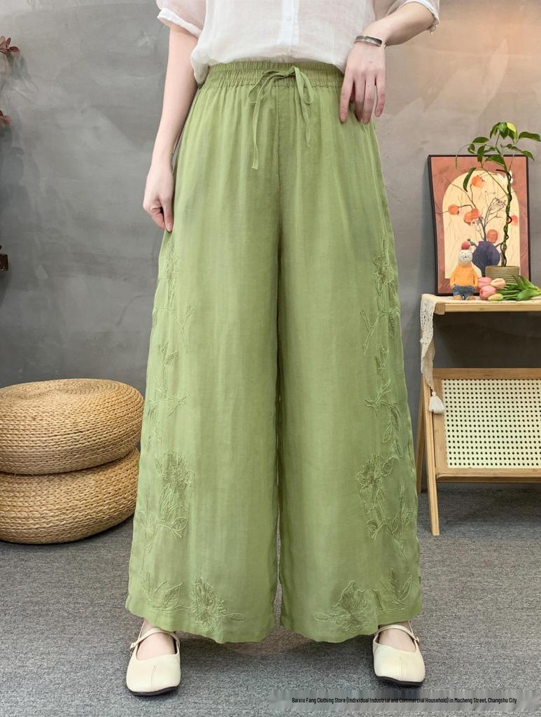 2026 Summer Linen Wide-Leg Pants with Artistic Embroidery and Elastic Waist for Women