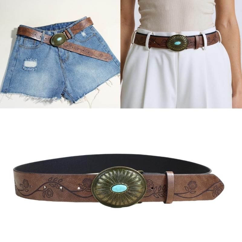 Bohemian Women Waist Belt with Embossed Pattern Adjustable PU Leather Oval Buckles Waistband For Casual Outfit And Travel