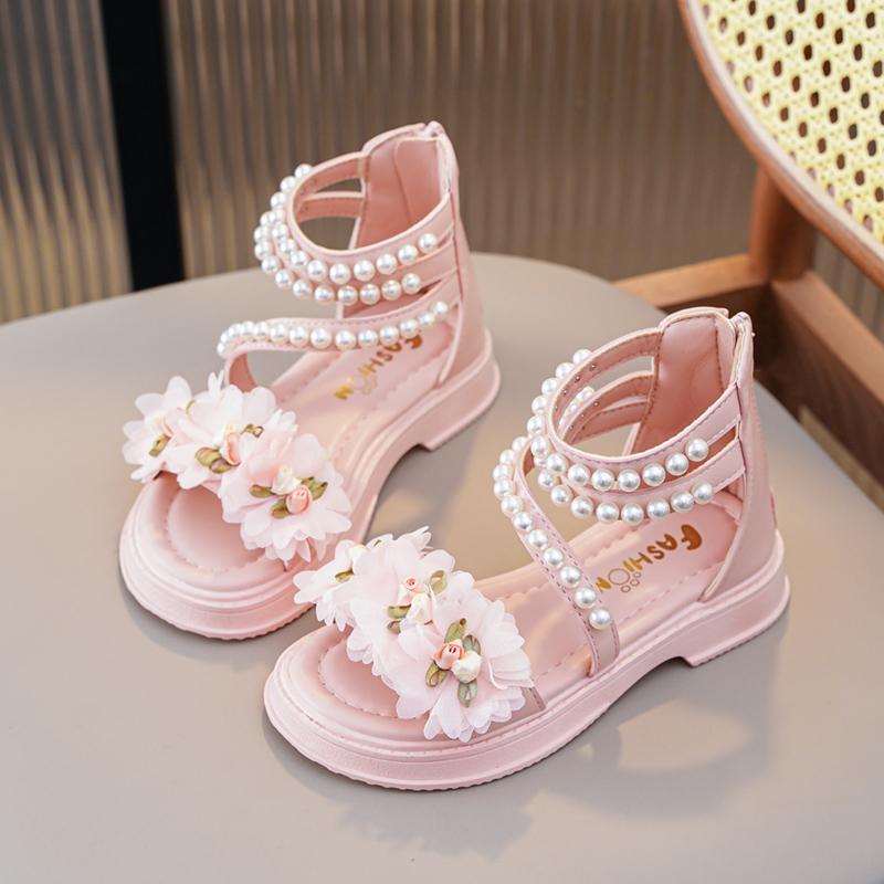 

*Hot Selling Elegant Open Toed Children s Flat Sandals Summer Fashionable and Comfortable Pearl Soft Princess Casual Shoes 23Insole15cm розовый
