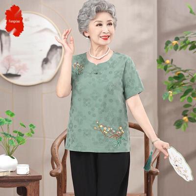 Elderly Women's Embroidered Floral Summer T-Shirt Set