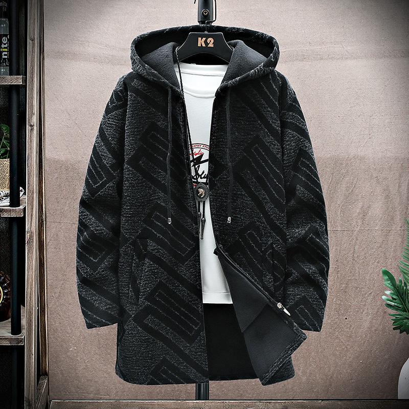 Autumn Winter Men's Fleece Mid Length Hooded Knit Cardigan Casual Knitwear Coat Thickened Warm Sweatercoat Men