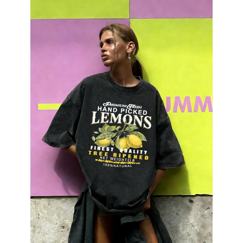 

Fresh Hand Picked Lemons Print Washed T-Shirt Women Summer Casual T Shirt Cotton Loose Short Sleeve O-Neck Clothes S
