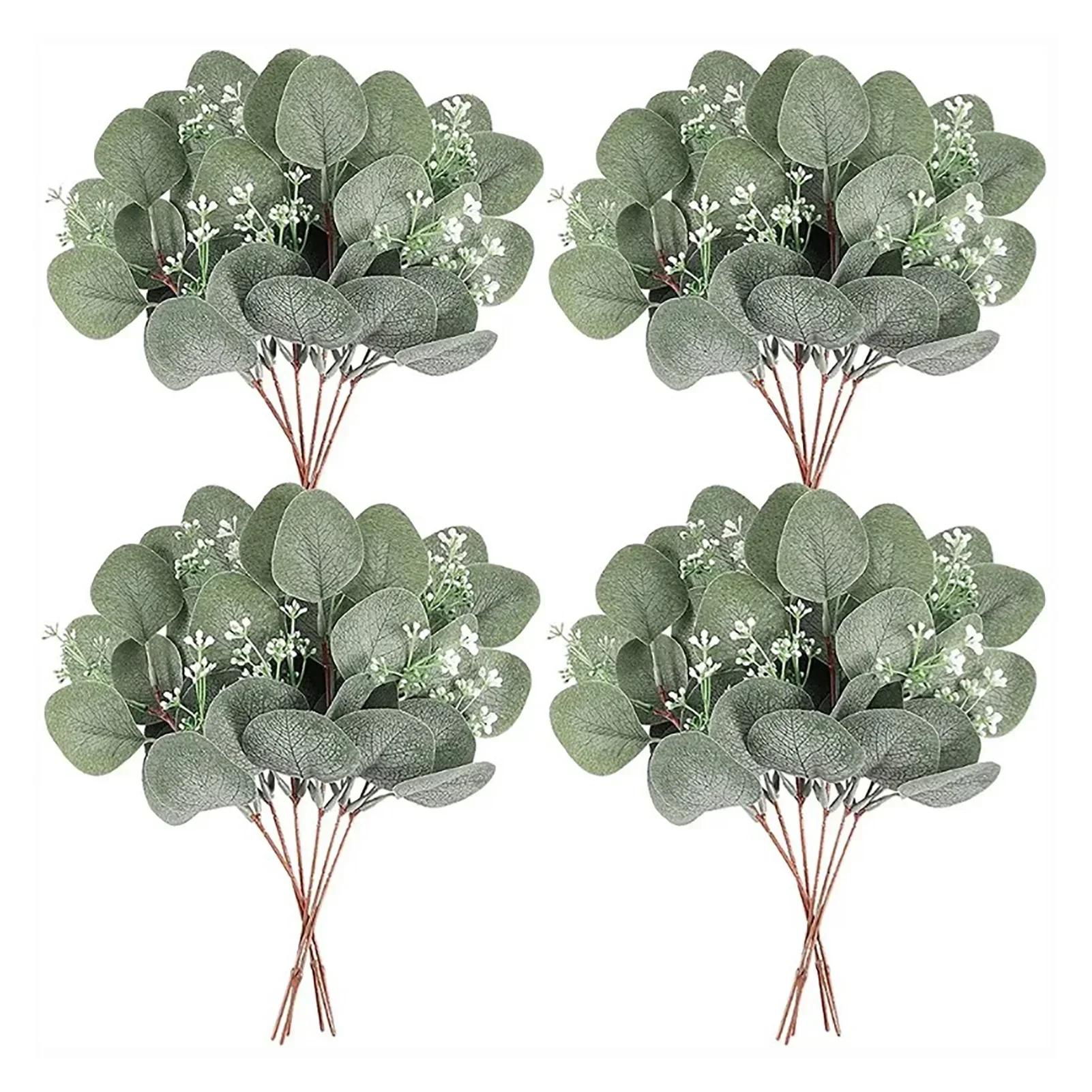 

24pcs Artificial Eucalyptus Stem Branches Round Eucalyptus Leaf With White Flower Wedding Home Decor Plant DIY Wreath Accessorie зелёный