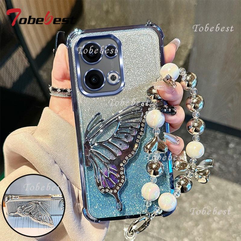 Glitter Shockproof Plating Quicksand Butterfly Bracelet Case for OPPO Reno 13 13F 14 14F 12 12F 11 11F 10 Pro Plus Cover