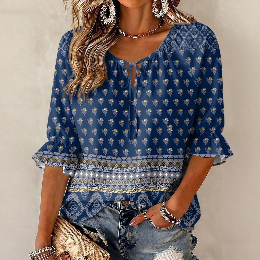 Women's Retro Floral Print Blouse with Ruffle Three-Quarter Sleeves and Tie Front