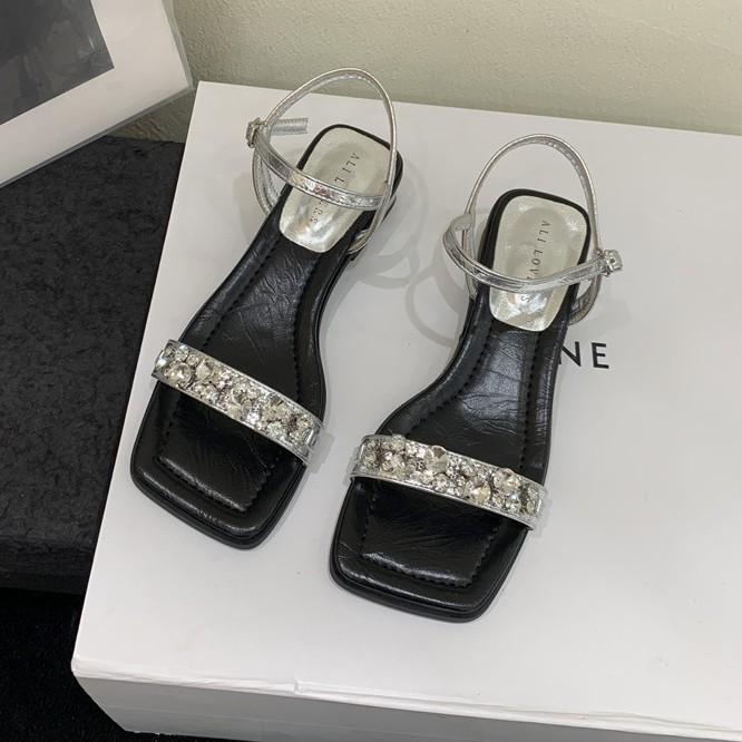 French rhinestone word with sandals thick heel high heels summer new silver cool slippers with skirt fairy shoes