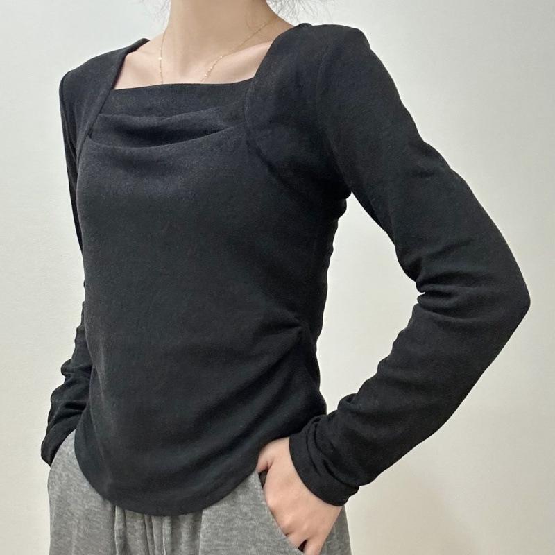 Niche Design Long-sleeved T-shirt for Women In Early Spring Latest Square Collar Base Top Slim Fit Inner Chic Top