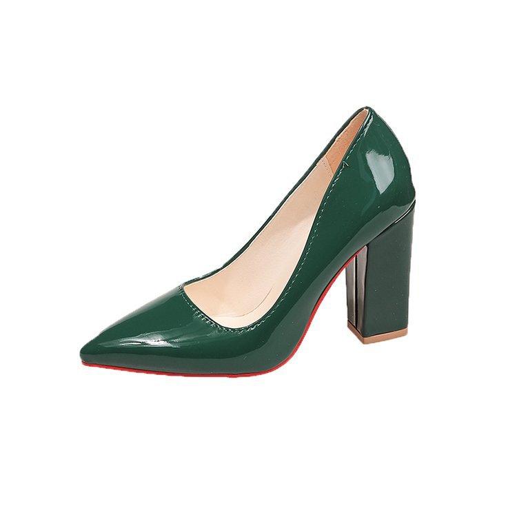 Glossy Patent Leather Versatile High Heels, Korean Style, All Seasons, Candy-colored Pointed Toe, Low-cut, Chunky Heel Women's Shoes