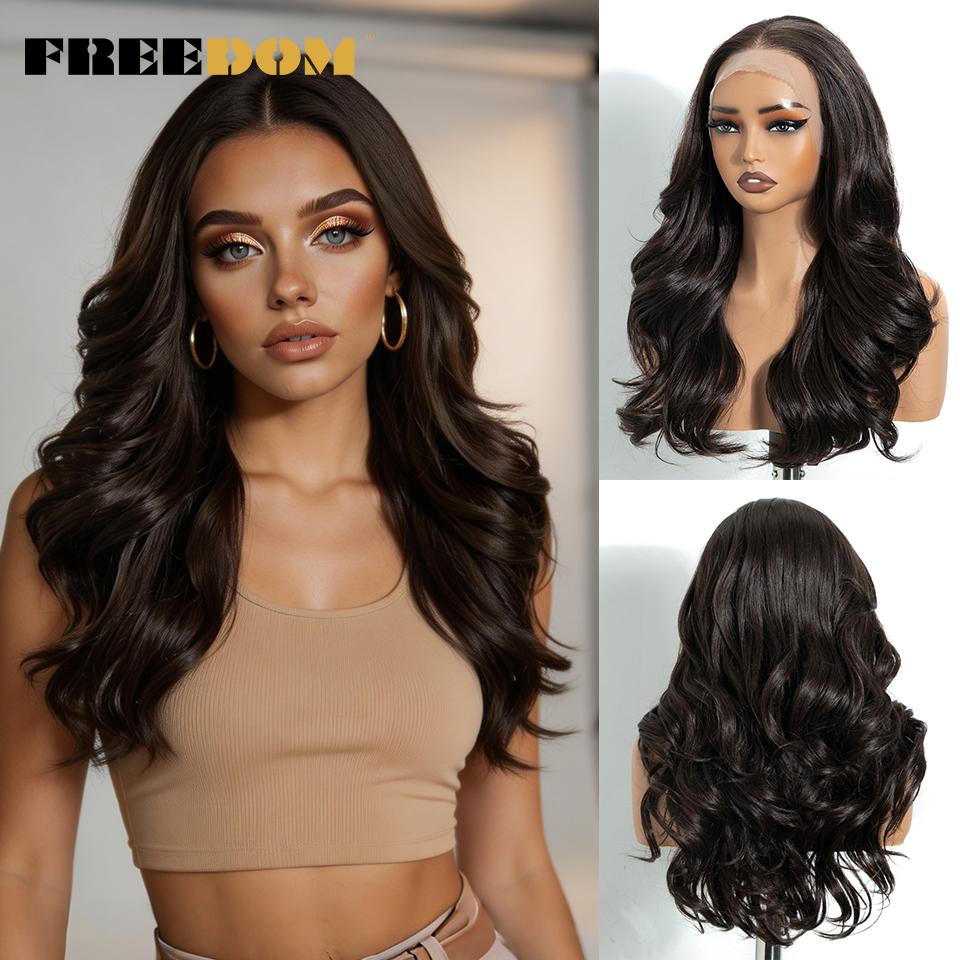 FREEDOM Synthetic Lace Front Wigs For Black Women 13x4 Free Part Body Wave Lace Wig 20" Ombre Brown Highlight Daily Party Wigs