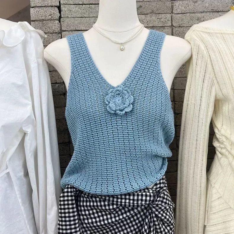 

Camisole Tank Top Women s Summer Outerwear Blue Floral Design Hollow Out French Knitted Sleeveless Top S синій