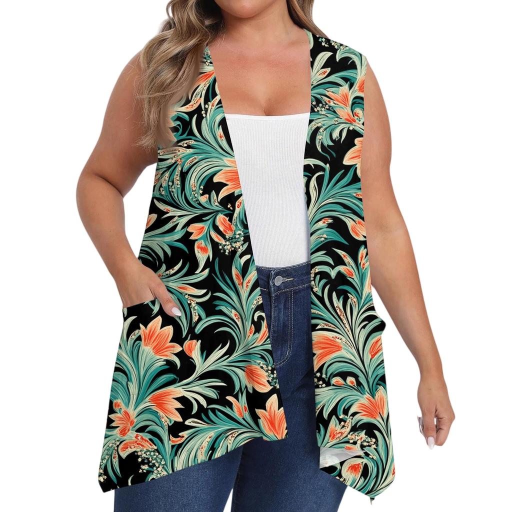 Women's Oversized Loose Casual Printed Sleeveless Vest With Pocket Cardigan Jacket Cardigan Jacket