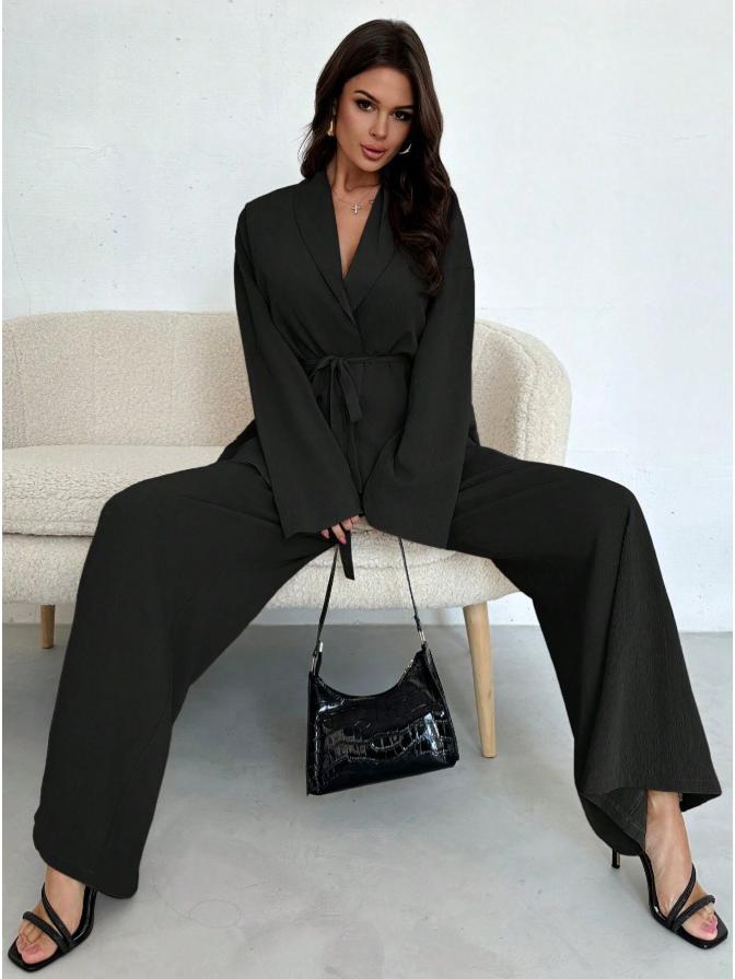 Ensemble Pantalon Jambe Large Élégant à Manches Longues et Col en V pour Femme Automne/Hiver 2025