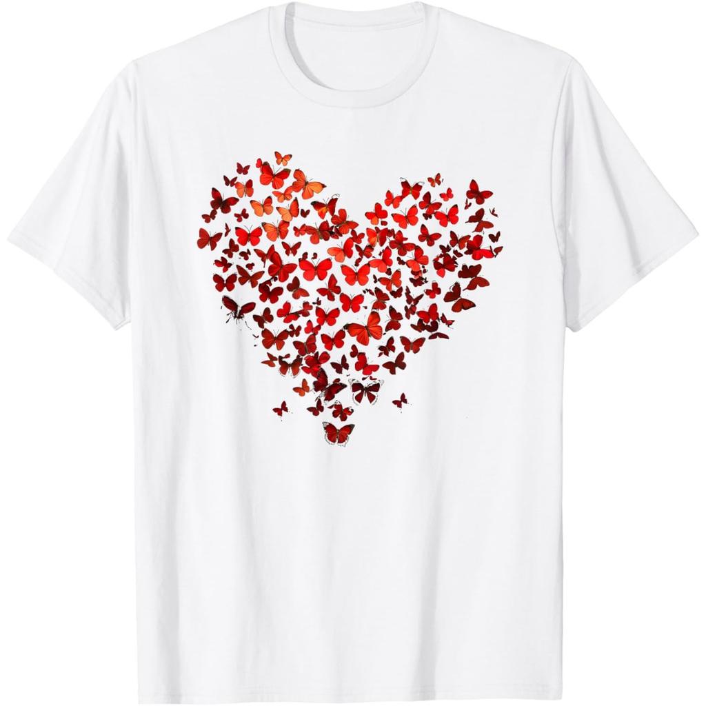 Red Butterfly Heart Graphic Print Men's Casual Round Neck T-Shirt Breathable Cotton Tee