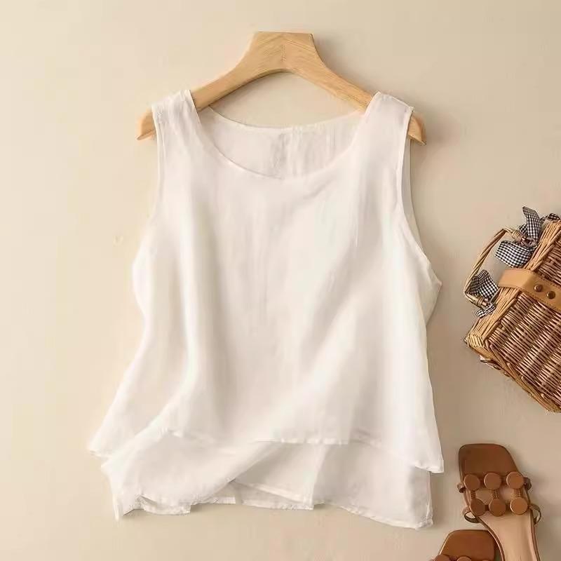 Dámská bavlněná lněná tílko nadměrné velikosti - Volný střih Retro minimalistický design