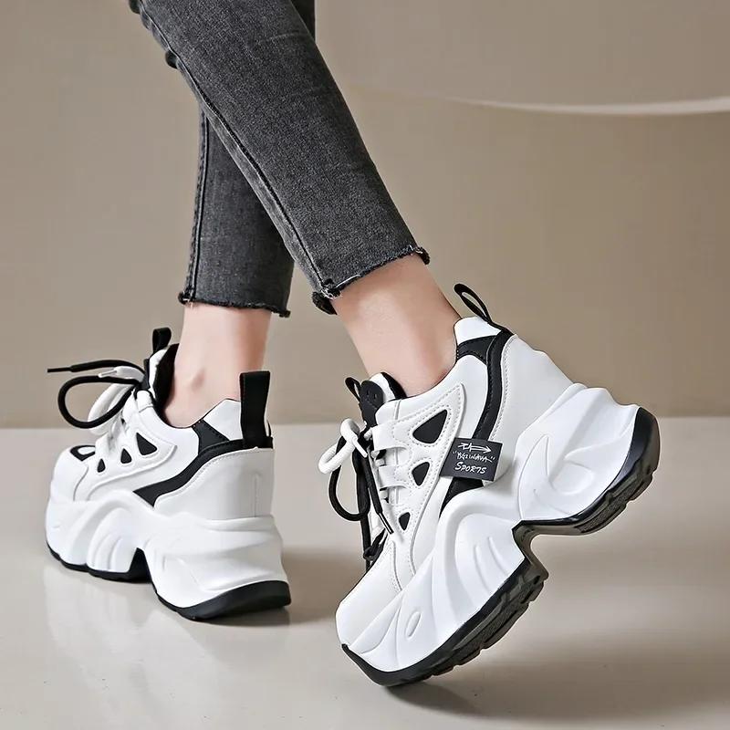 Fashion New Spring Autumn Non-slip Chunky Sneakers Women Lace-up High Platform Leather Sports Dad Shoes 7CM Heels Casual Shoes Woman