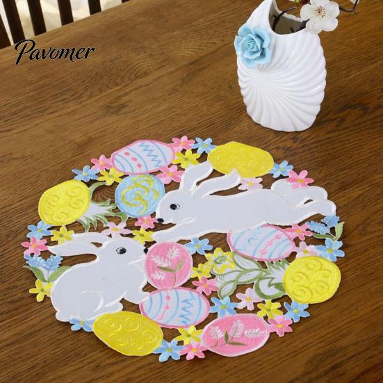 Decorative Mats for Dining Table Easter Rabbit Egg Placemat, Polyester Fiber Mat, Non Cartoon Bunny Desktop Decor Slip Hollow Tableware Mat