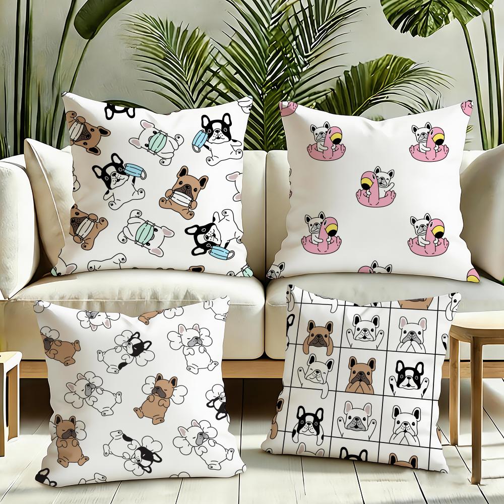 Cartoon French Bulldog Pattern Cushion Cover Reversible Plush Pillow Cover Soft Fluffy Home Decor for Sofa Bedroom