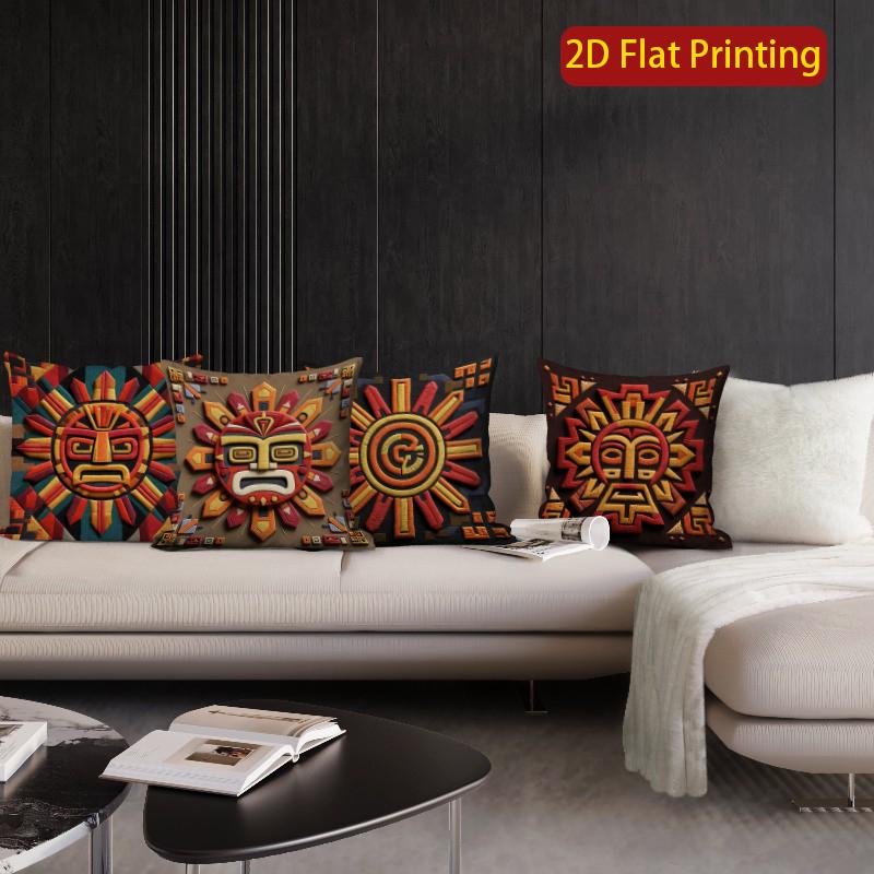 2D Aztec Sun God Print Square Throw Pillow Covers Pattern Cushion Cover Suitable For Sofa Bedroom Car Pillow Cover