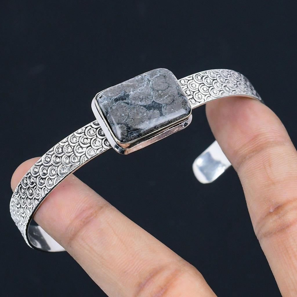 Root Chakra Natural Black Fossil Coral Birthday Trendy Bangle Sterling Silver