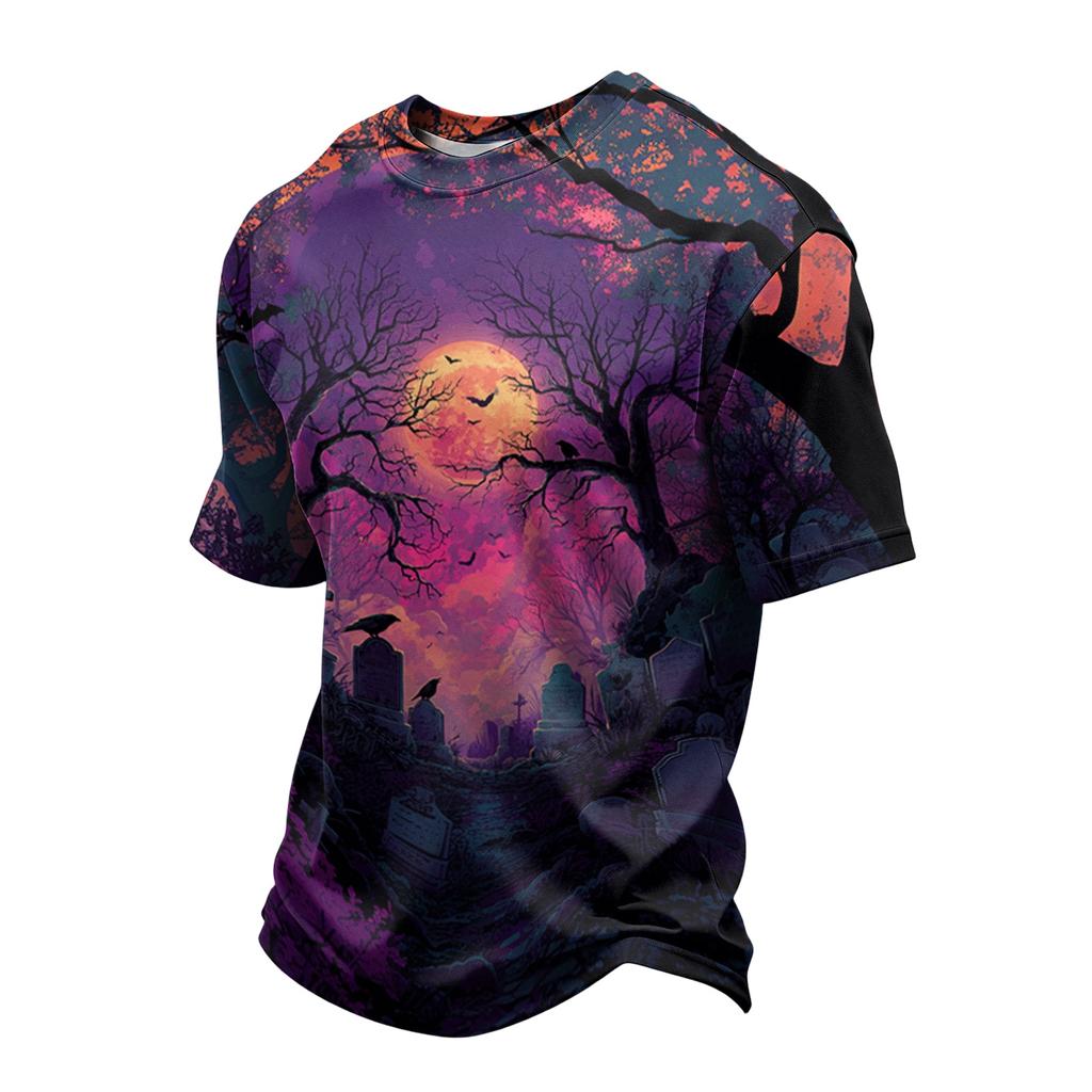 Men's Lightweight Crew Neck Quick Dry Mesh Breathable Short Sleeve Shirt with Halloween Pumpkin Print for Casual Wear