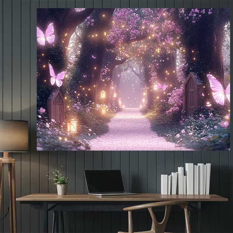 2D Whimsical Woodland Backdrop with Glowing Lanterns for Events and TV Shows