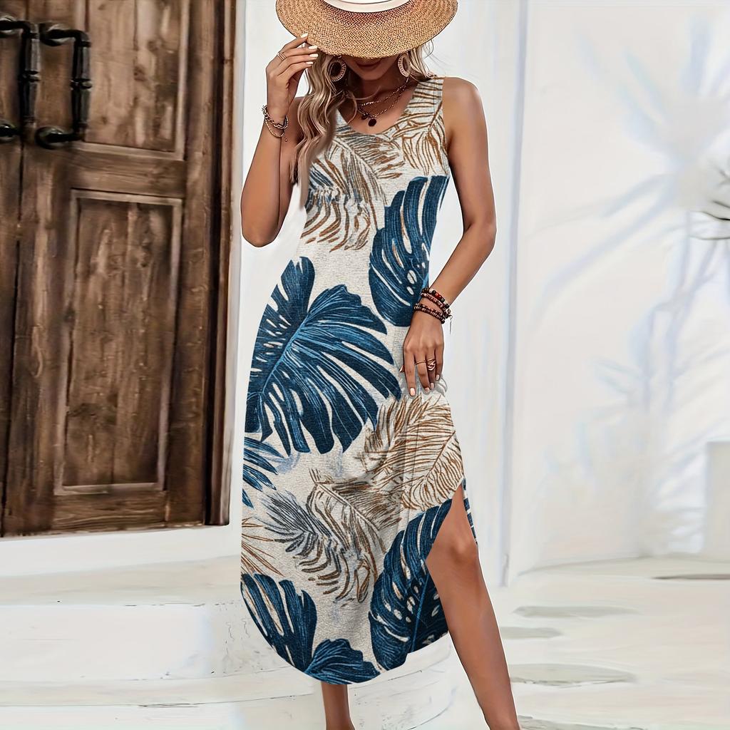 Women Sleeveless Casual Loose Fit Long Dress Hawaiian Print Side Slit Summer Beachwear Maxi Dress Comfortable Lightweight