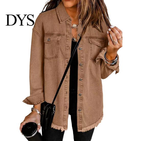 Frayed Hem Jacket Women Denim Coat with Breast Pockets Turn-down Collar Washed Single-breasted Chest Pocket Pure Color Wipped Edge Loose Cardigan Long