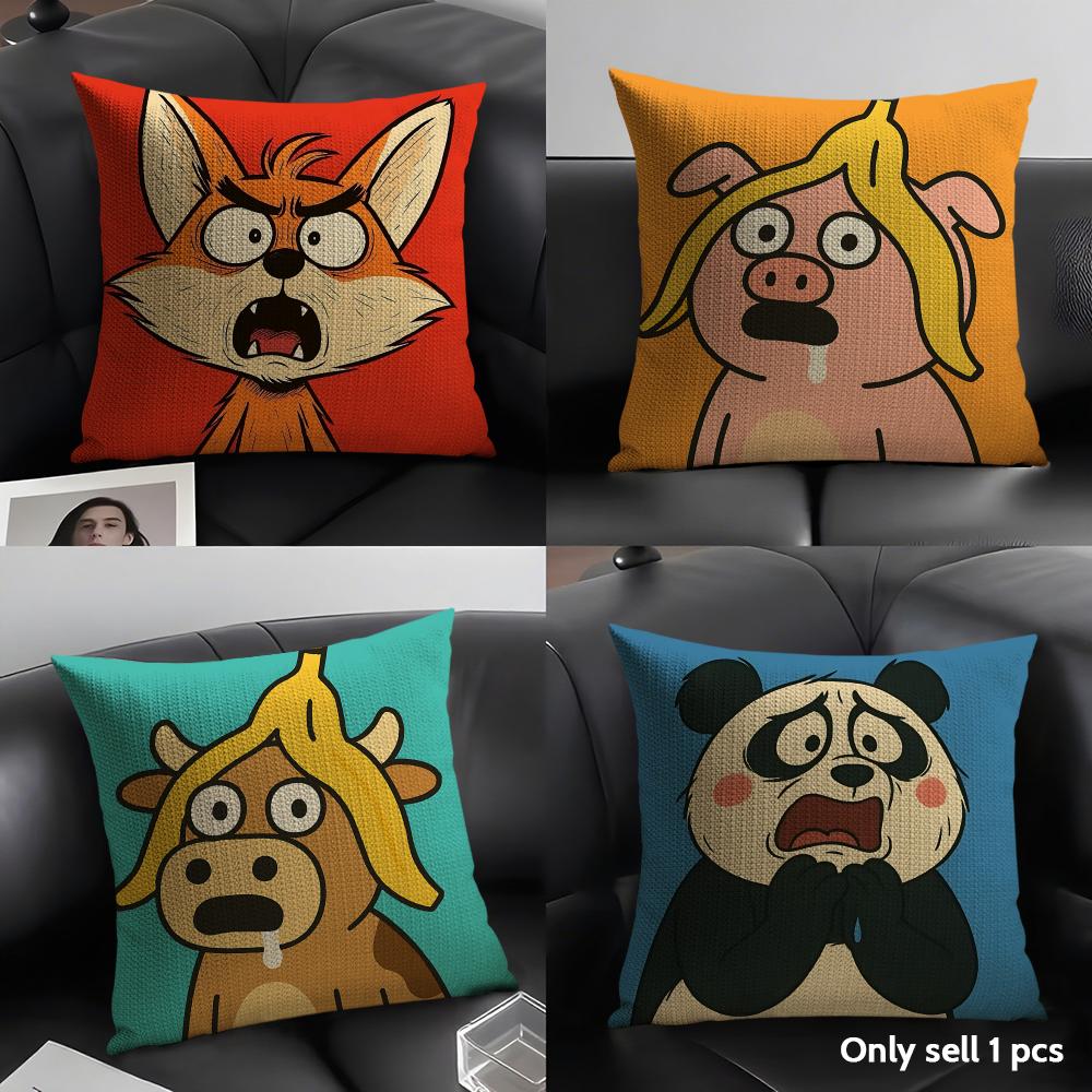 Kids Cartoon Cute Animal Cushion Cover Natural Linen Organic Fabric Double-Sided Printing Sofa Home Decor Gift Pillow Case