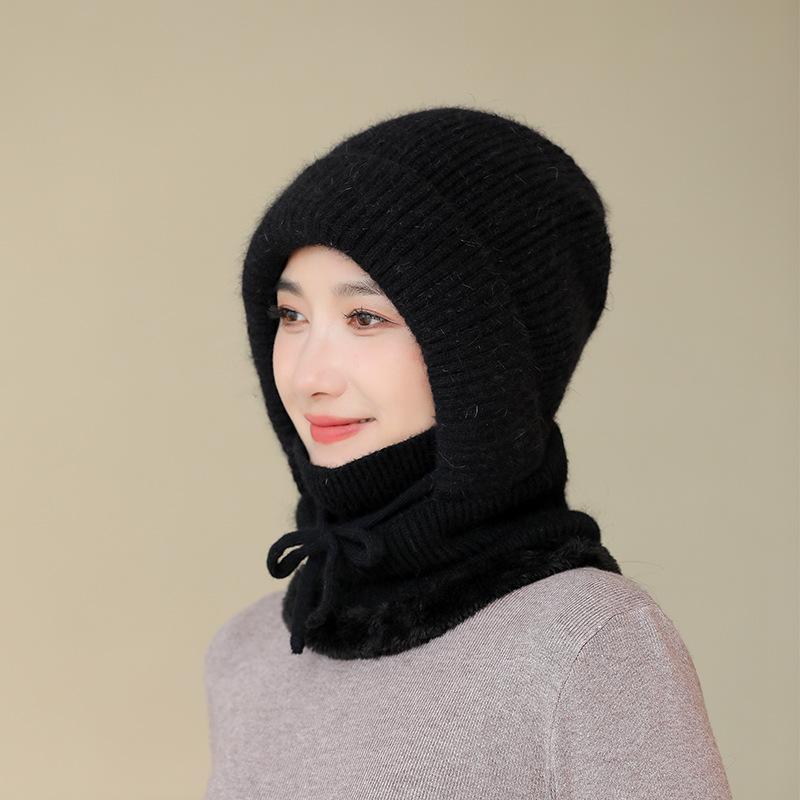 Rabbit Fur Hat Women's Winter Scarf Integrated Wool Cycling Ear Protection Piled Thickened Outdoor Pullover One-piece Hat