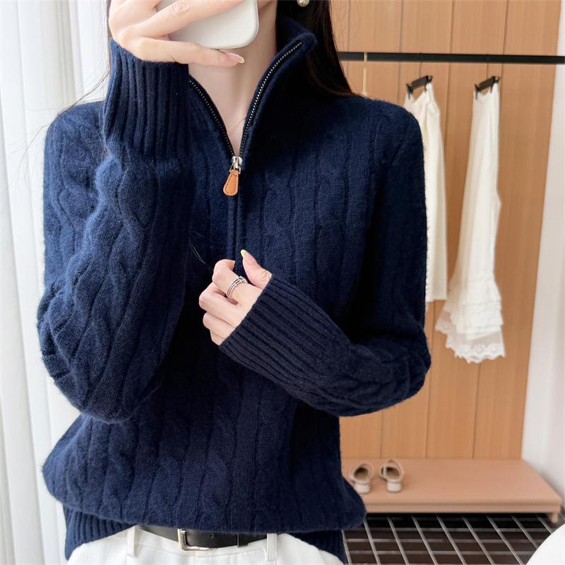 Fashionable Lapel Pure Wool Cable Knit Zipper Sweater - Loose Fit, Simple Long Sleeve Knitwear Top