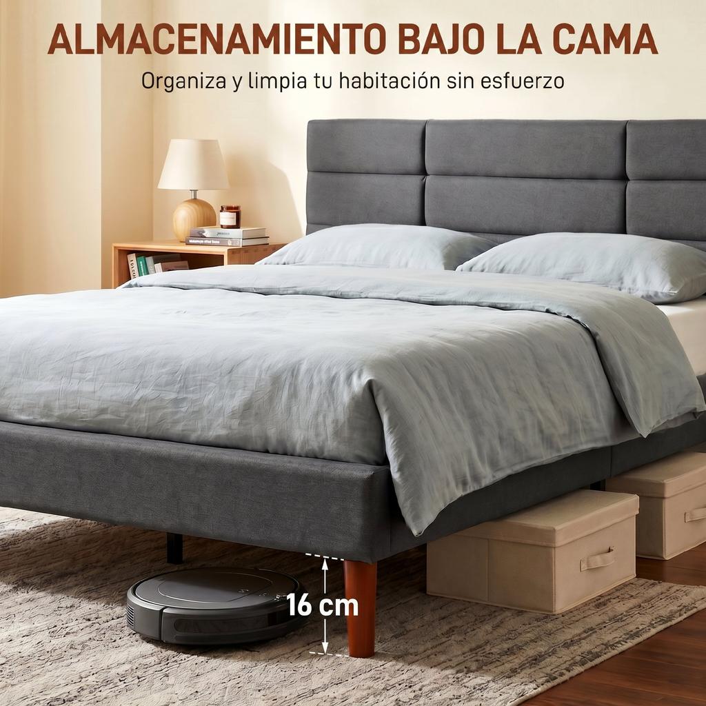 Upholstered Bed, 140 x 200 cm, Padded Mesh Headboard, Under-Storage, Grey Slats