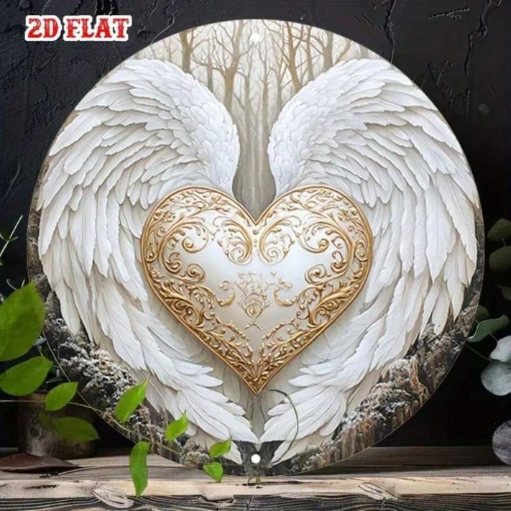 Metal Wall Poster Angel Wings Heart Religious Decor for Living Room