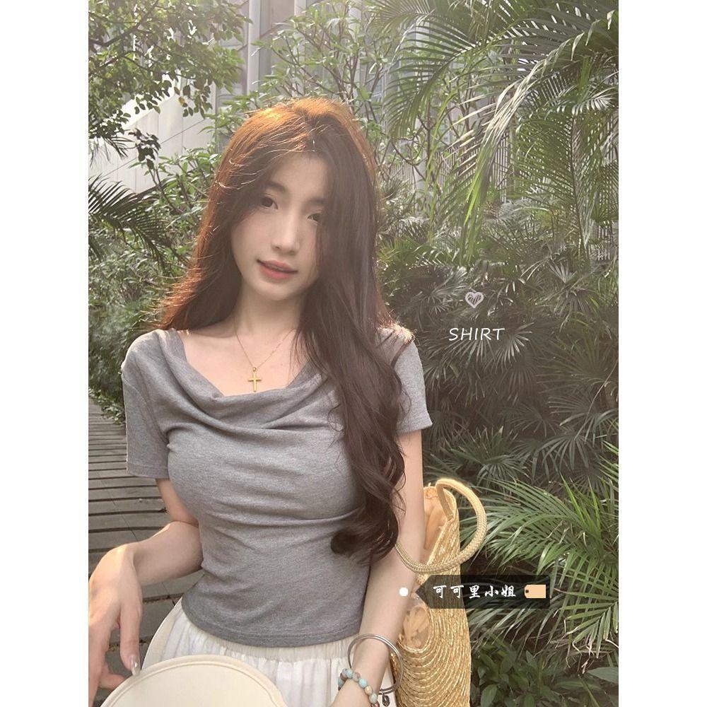 Spice girl black design swinging collar short-sleeved T-shirt for women, summer new waist pinched shoulder top trendy