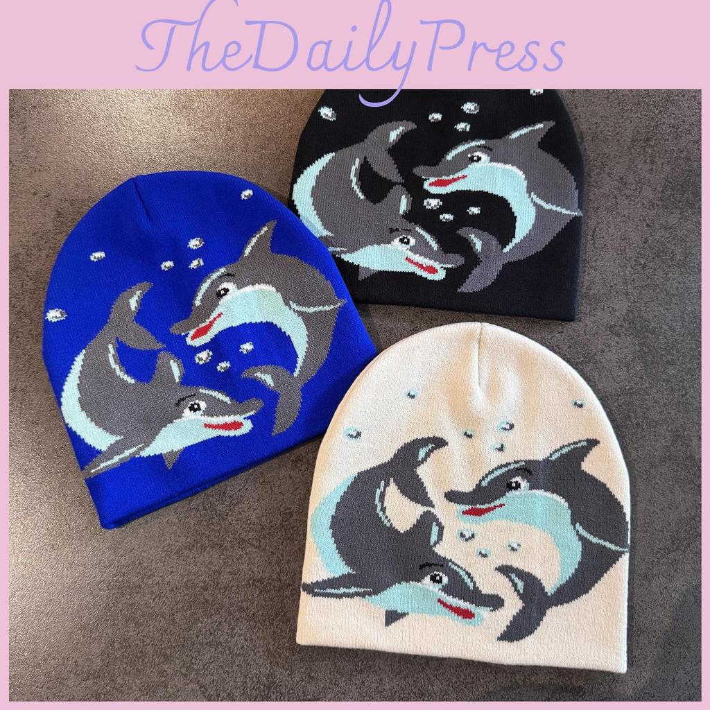 Hat Acrylic Knit With Cartoon Dolphin Embroidery Design For Daily Cold Seasons