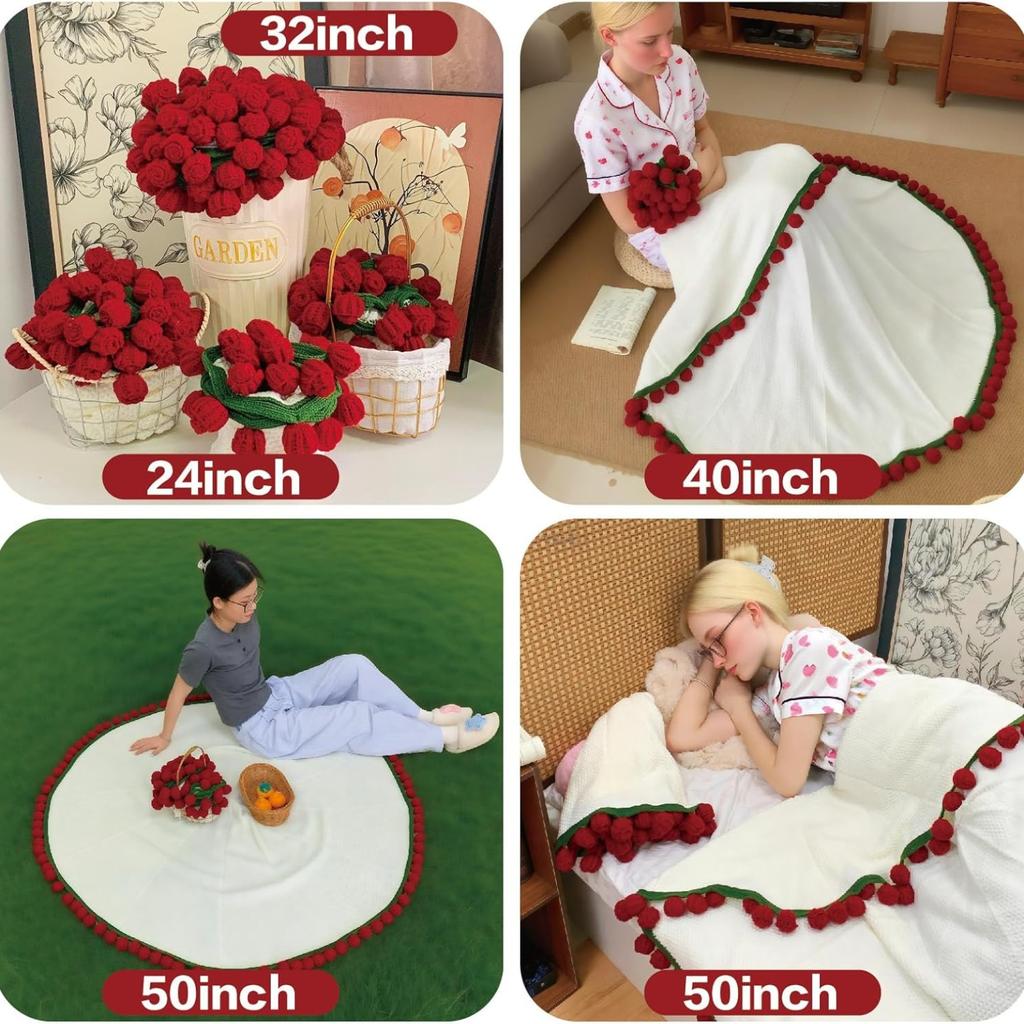 Crochet Flowers Bouquet Blanket Handmade Rose Blanket Round Floral Soft Romantic Gifts for Birthday Wedding Home Decor Bed Sofa-Finished Product