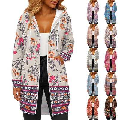 Jaqueta Moletom Casual Feminina Estampada Fashion de Manga Comprida com Capuz e Cordão, Bolso com Zíper