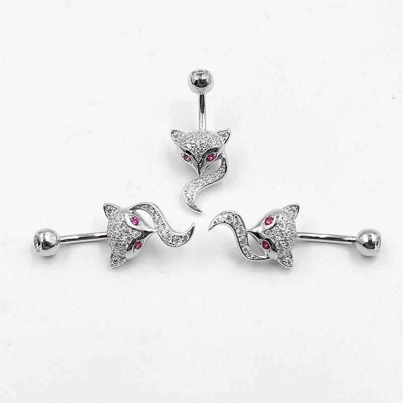 S925 Sterling Silber Bauchnabelring Zirkon Fuchs Bauchnabelnadel Schmuck