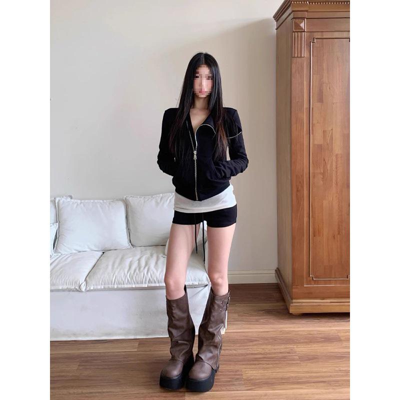 Petite Women's Black Hooded Cardigan - American Lazy Style, Slim Fit, Long Sleeve, Autumn Jacket