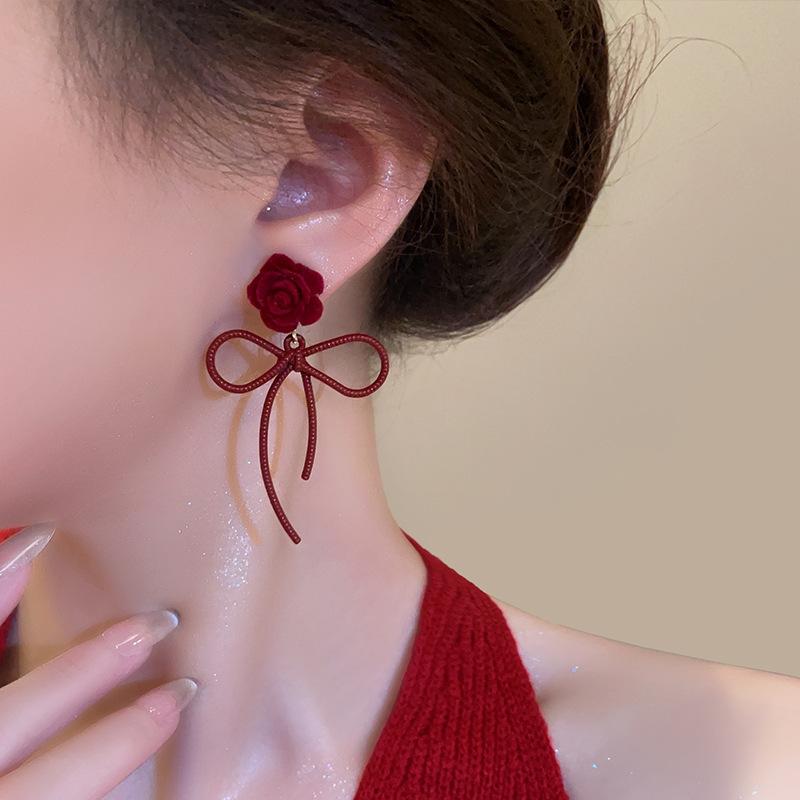Red flower bow stud earrings niche design sense light luxury fashion high-end earrings autumn versatile