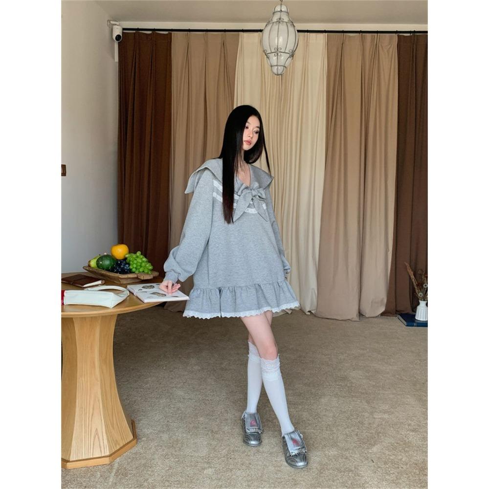 Sweet Preppy Style Mini Dress Female Clothing Fashion Lace Spliced Spring Autumn Sailor Collar Bandage Bow Basic Ruffles Dresses