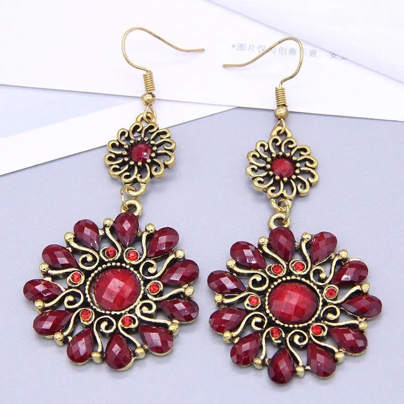 Vintage Ethnic Sun Flower Dangle Earrings For Women Boho Colorful Rhinestone Acrylic Hollow Round Earring Female Jewelry