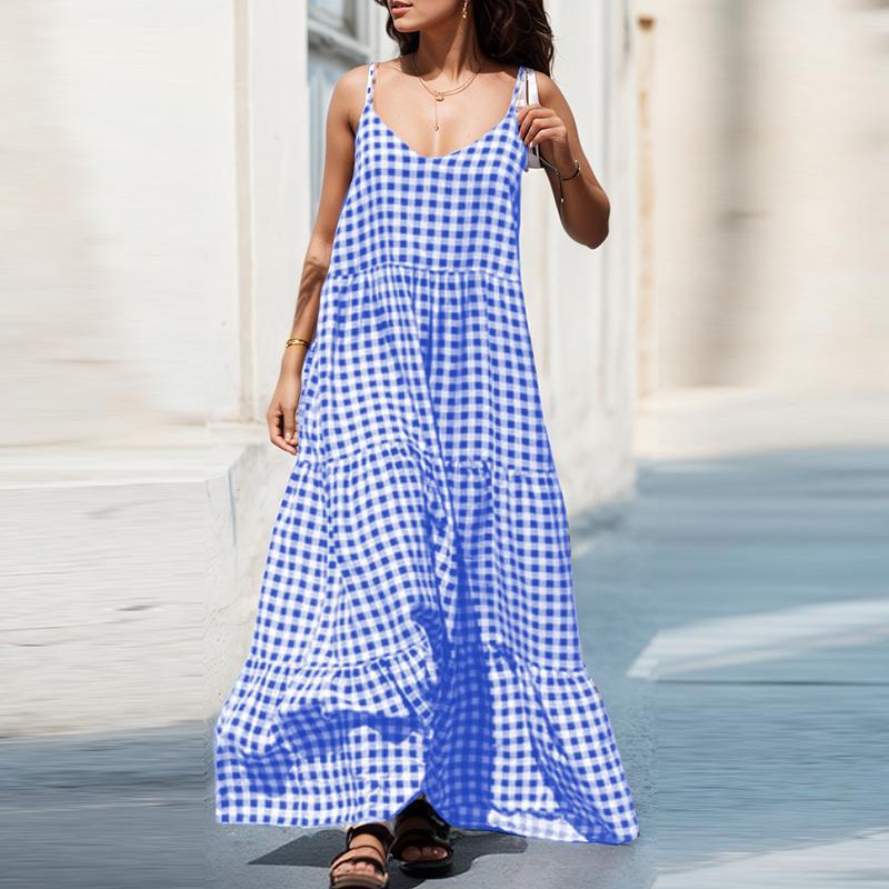 

ZANZEA Женское повседневное летнее платье-комбинация без рукавов с принтом «клетка» на бретельках S синий