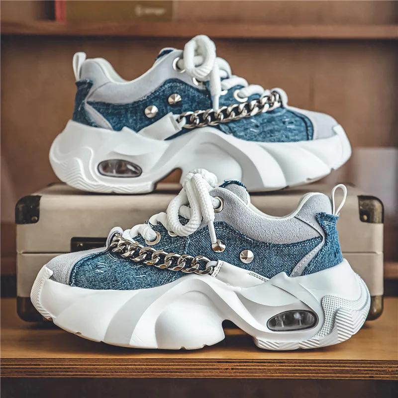 Fashion Men's Shoes  Autumn New Trendy Thick Soled Height Increasing Shoes Wear-resistant Metal Chain Tie Comfort Rivet Sneakers 2025
