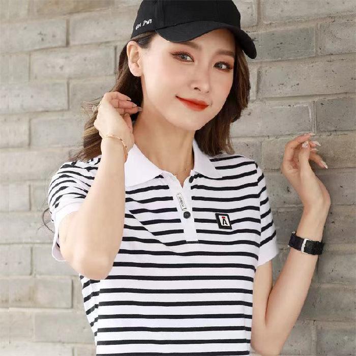 

Новая летняя полосатая футболка с короткими рукавами для женщин, свободного покроя, большого размера, спортивная рубашка-поло с воротником и лацканами 5XL