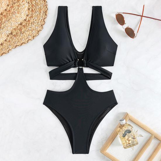 Sexy One-piece Swimwear V-Neck Sleeveless High Waist Monokini with Iron Ring Bandage Solid Color Quick Drying One-Piece Bikini