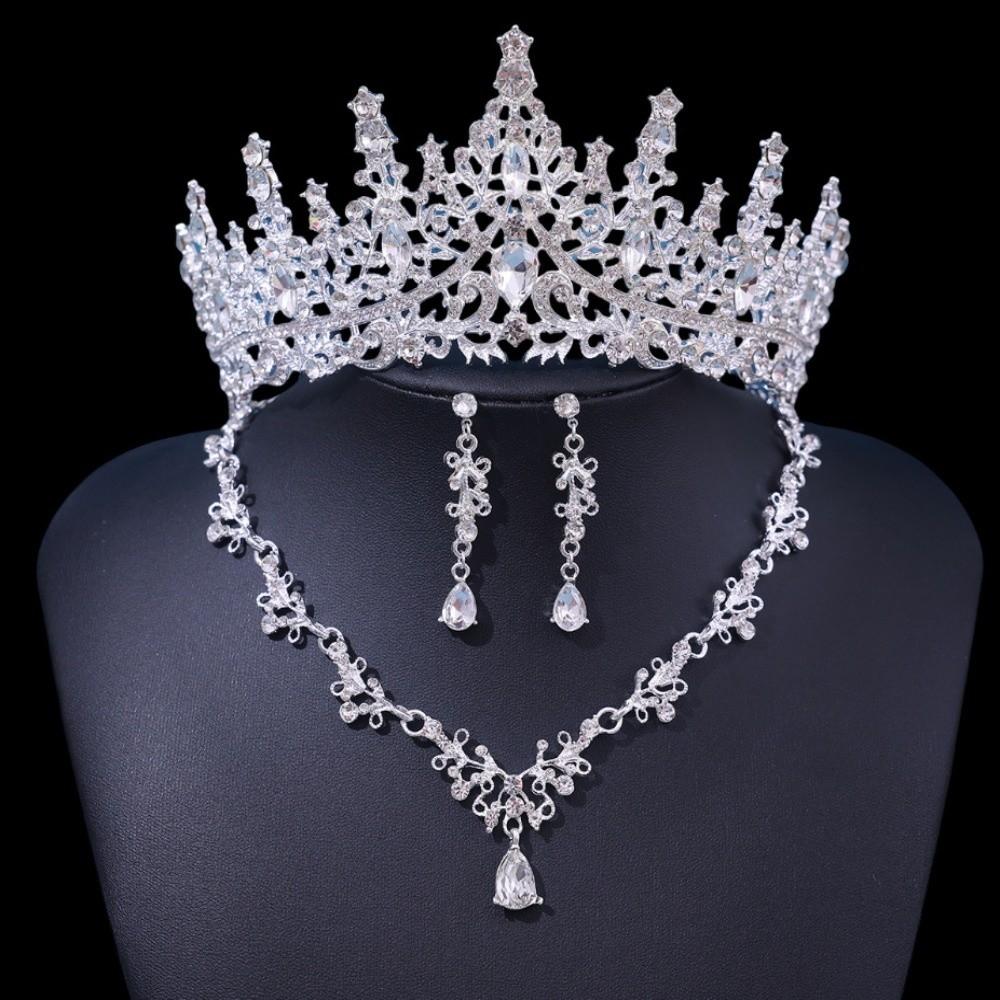 3 Pcs Hair Ornaments Bride Jewelry Sets Metal Necklace Earrings and Crown Sets  Women