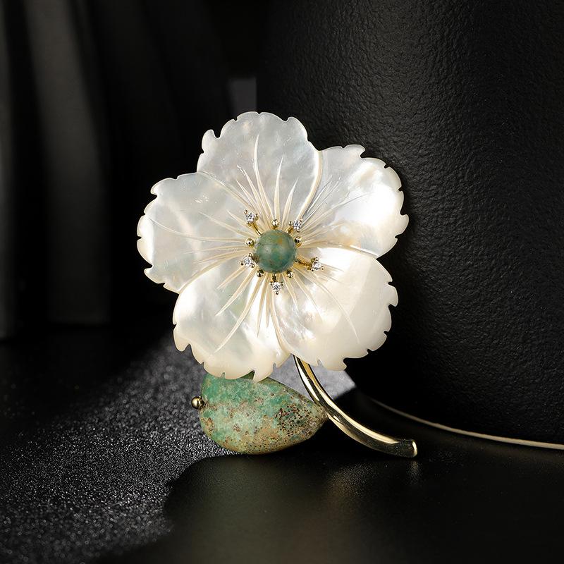 Imperial Peach Blossom Brooch: Elegant Mother-of-Pearl Shell and Stone Coat Pin