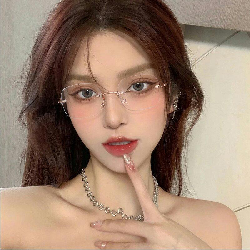 Frameless Ultra Light Myopia Glasses for Women's Retro Anti Blue Near Sight Eyeglasses Metal Frame Square Small Frame Eyewear