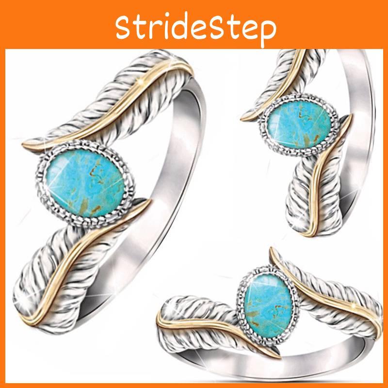 Alloy Feather Ring With Green Turquoise For Women Fashion Hand Decor